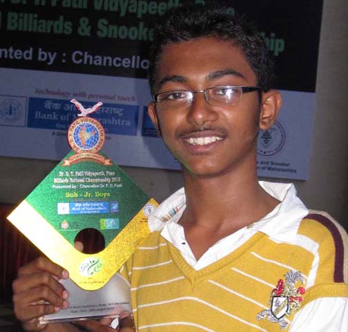 Ashutosh Padhy with the National Sub-junior Billiards Trophy in Pune on August 22, 2010.