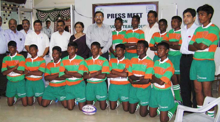 Players, officials and sponsors of the KISS rugby team in Bhubaneswar on 30th July 2008