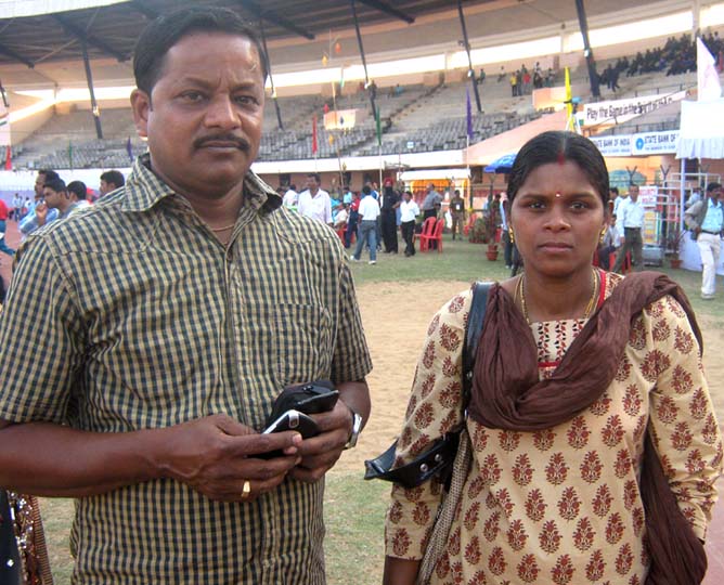 Odisha woman hurdler Sahebani Oram with husband Manoj Sahu at Kalinga Stadium in Bhubaneswar on Feb 5, 2012.