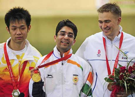 Abhinav Bindra on the podium after winning the first-ever individual Olympic gold medal in Beijing on August 11, 2008.