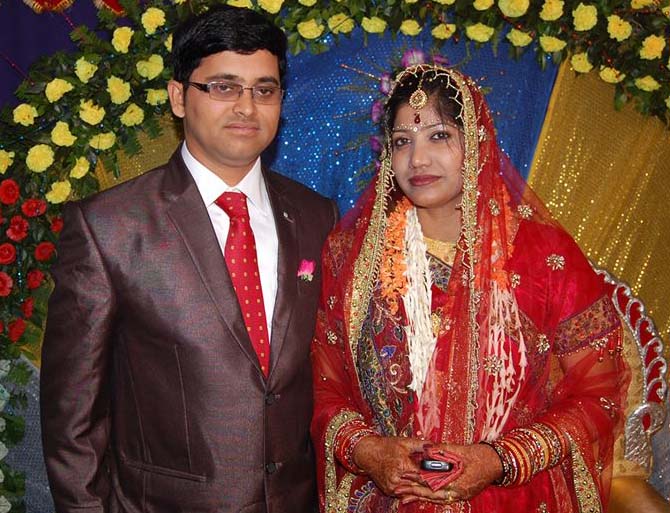 Sports journalist Gyana Ranjan Mishra with his wife Bhabana at their marriage reception at Sambalpur on May 14, 2013.