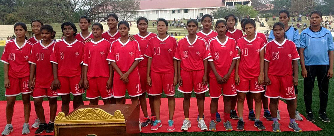Odisha women football team poses after winnings silver medal at the 35th National Games in Kerala on February 10, 2015.