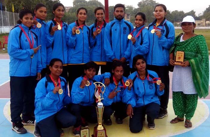 Utkal University team poses after emerging champions in the East Zone Inter-University Women`s Basketball Tournament at KIIT University campus in Bhubaneswar on Oct 4, 2017.