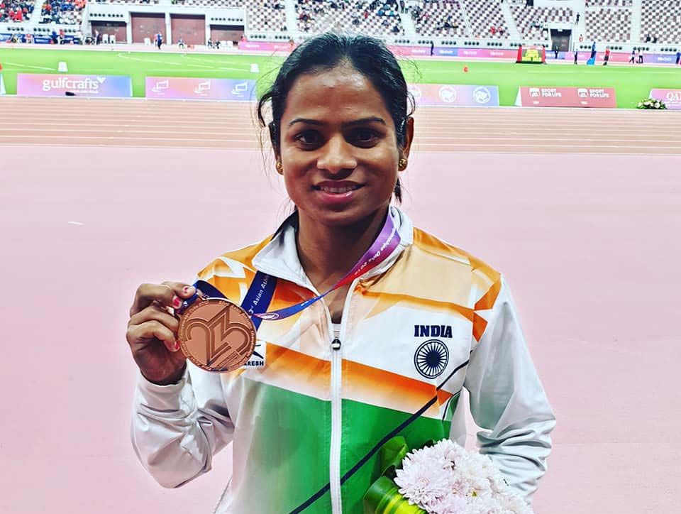 Dutee Chand displays her 200m bronze medal at the 23rd Asian Athletics Championships in Doha on 24 April, 2019.
