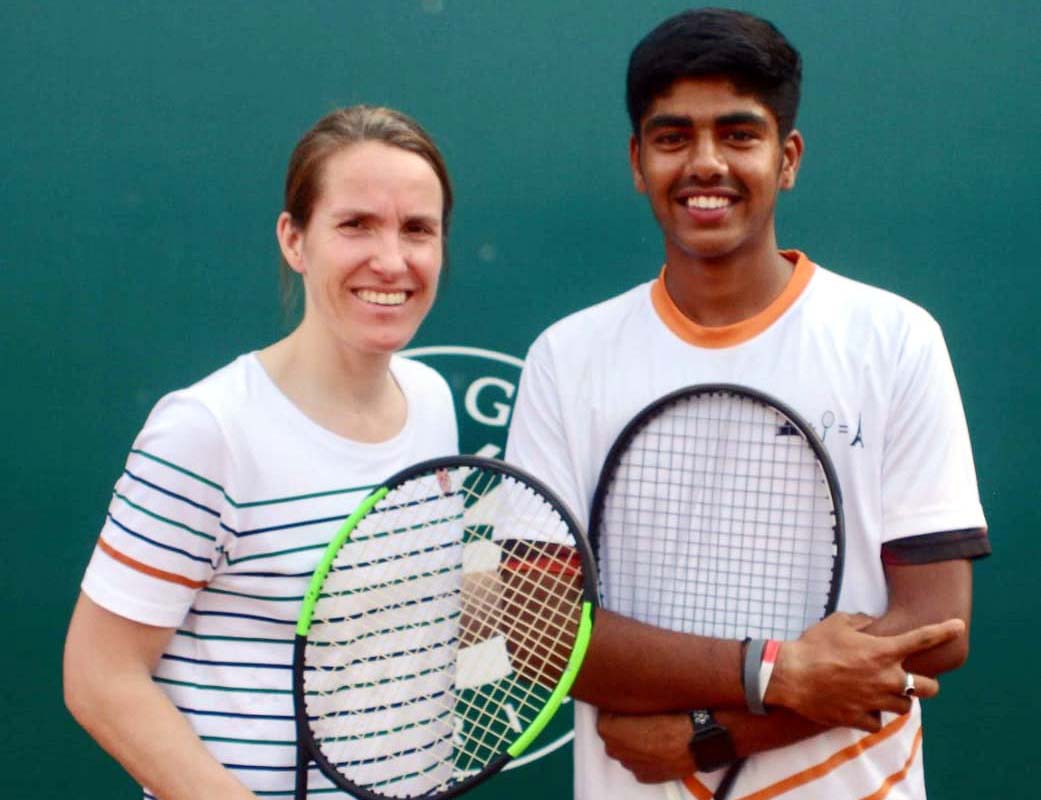 Odisha youth Kabir Hans with 7-time Grand Slam champion Justine Henin after finishing 3rd in French Open Junior Wild Card Tennis Tournament in Delhi on 1 May 2019.