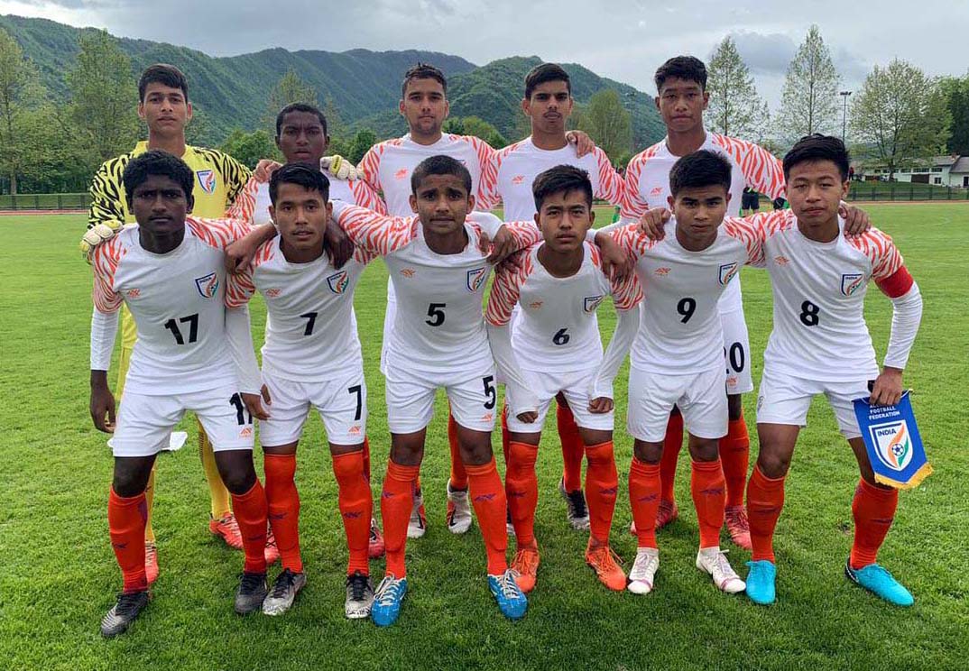 Players of India U-15 boys football team, featuring Ranjan Soren (Back row, 2nd from left) and Aula Siba Prasad (Front row, 1st from left) of Odisha, pose before their match against Slovenia in MU-15 Tournament in Palmanova, Italy on 30 April 2019.