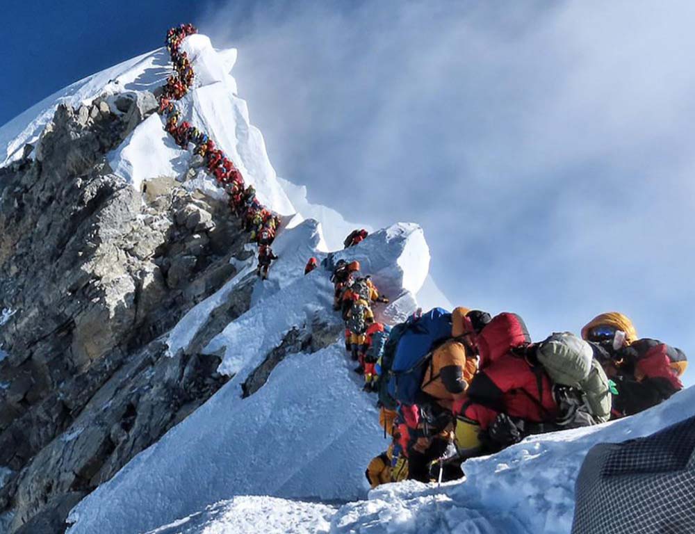 Traffic jam on Mount Everest as climbers make the highest queue to reach the summit on 23 May 2019.