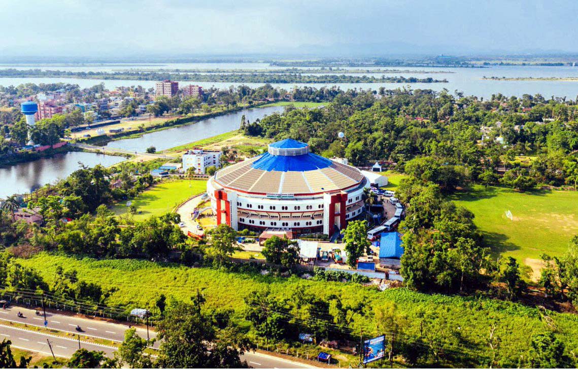 Aerial view of JN Indoor Stadium, Cuttack with river Mahanadi in the background, when it was the venue of the 21st Commonwealth Table Tennis Championships in July 2019.