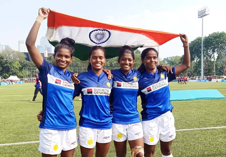 Odisha woman internationals (L to R) Hupi Majhi, Meerarani Hembram, Sumitra Nayak and Subhalaxmi Barik at the Asia Rugby Seven Trophy in Jakarta on 11 August, 2019.