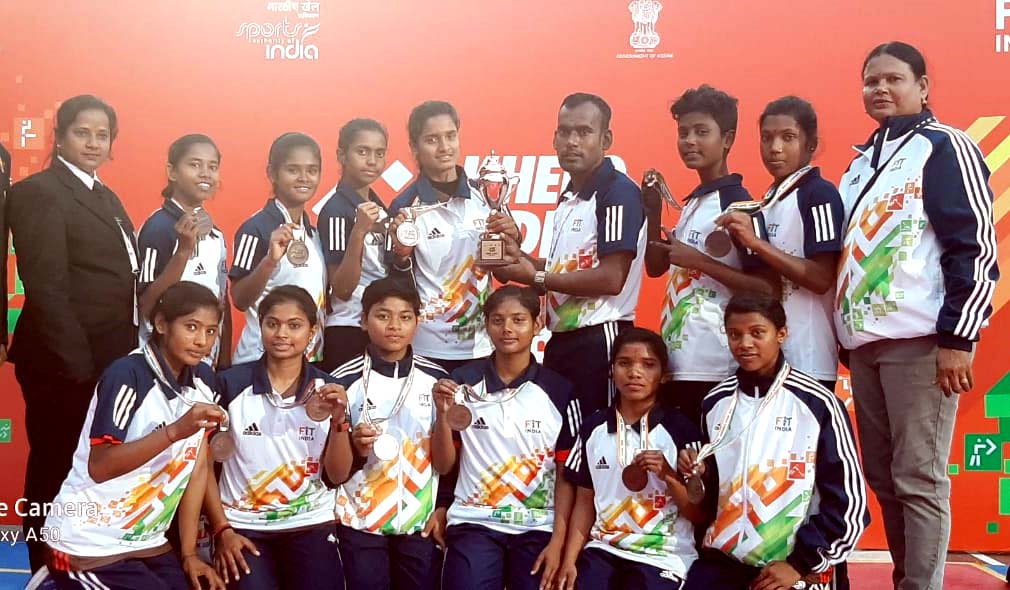 Members of Odisha U-21 women kho-kho team with the bronze medal and trophy at the 3rd Khelo India Youth Games in Guwahati, Assam on 18 January, 2020.