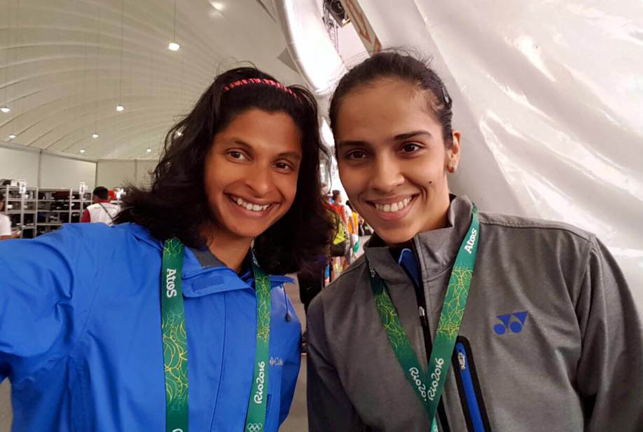 Odisha woman sprinter Srabani Nanda with badminton star Saina Nehwal at the 2016 Olympic Games in Rio, Brazil.