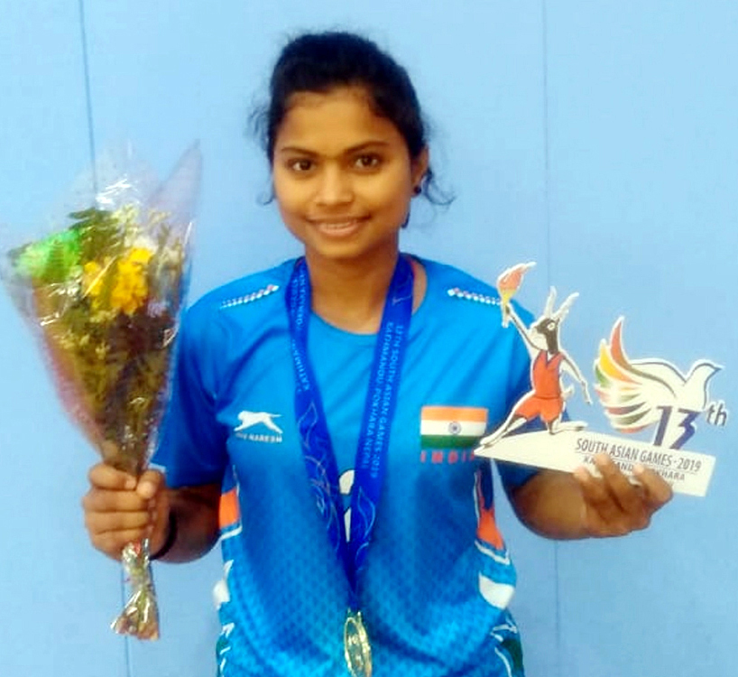 Odisha woman kho-kho international Sasmita Nathsharma with her South Asian Games gold medal in December, 2019.