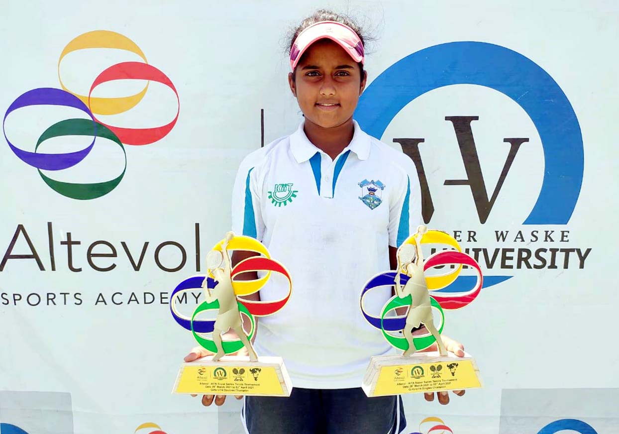 Odisha tennis player Sohini Mohanty with her singles and doubels trophies at the AITA Super Series Tournament in Ahmedabad on 2 April, 2021.