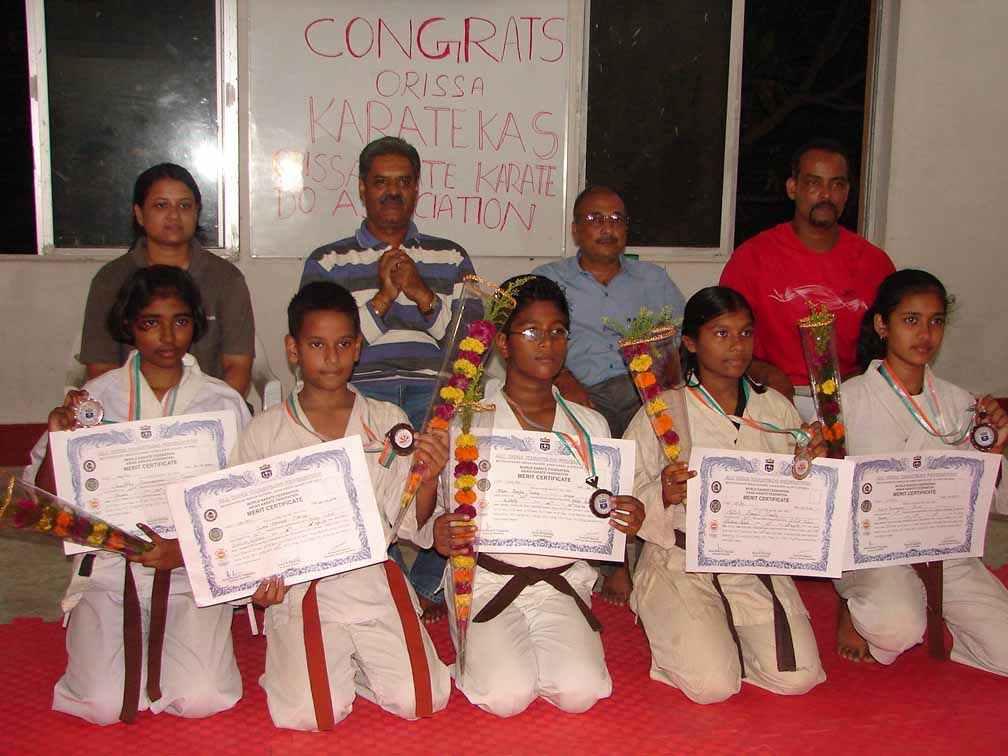 Orissa`s medal winners of the 22nd National Karate Championship and guests at the Utkal Karate School in Bhubaneswar on September 30, 2008.