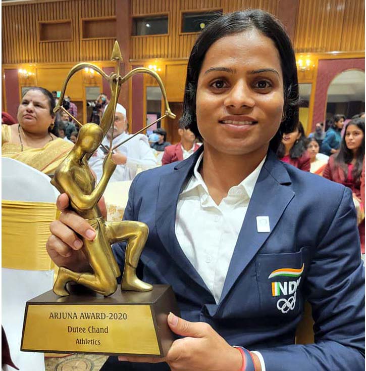 Odisha Olympian Dutee Chand poses with the Arjuna Award 2020, which she received on 1 November 2021