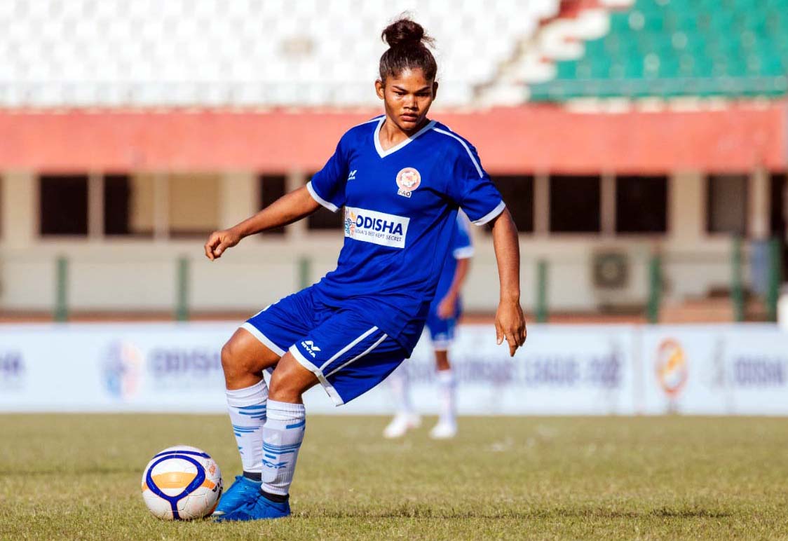 Odisha woman football international Pyari Xaxa in action during Odisha Women League at Kalinga Stadium, Bhubaneswar in February 2022.