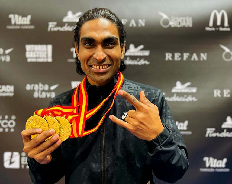 Pramod Bhagat with his three gold medals at the Spanish Para Badminton International II in Vitoria, Spain on 6th March 2022.