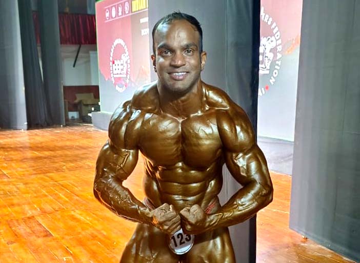 Odisha bodybuilder Rashmi Ranjan Sahoo posing at the 11th Federation Cup Senior National Bodybuilding Championship in Gangtok, Sikkim where he won the gold medal in 85kg category on 13 March 2022.