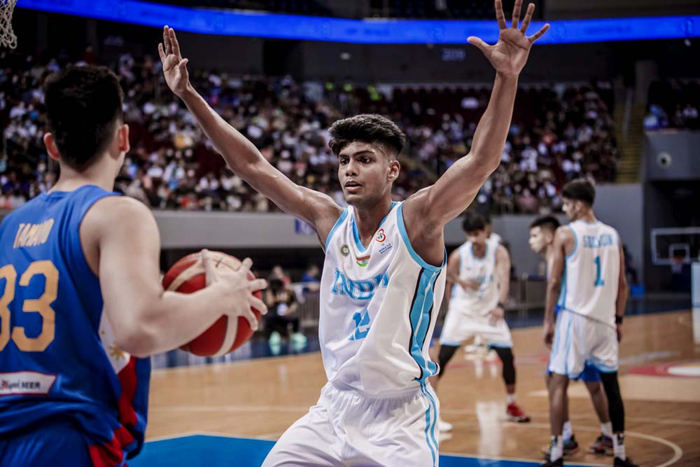 Odia basketball player Amarendra Nayak in action during their FIBA World Cup Asian Qualifiers against Philippines in Manila, Philippines on 3 July 2022.