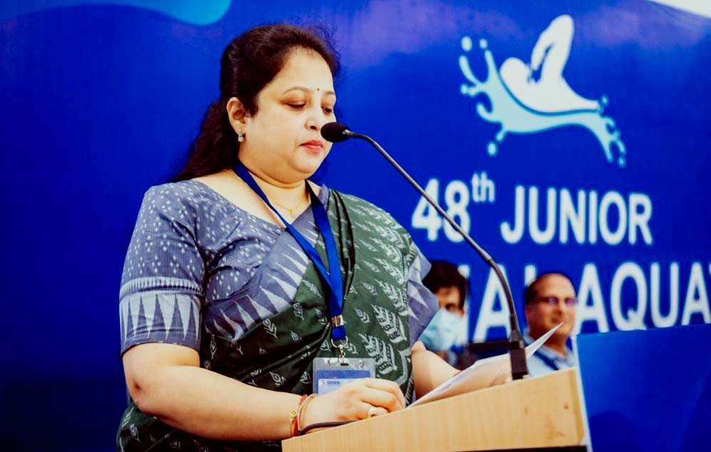 Odisha State Swimming Association Working President Soma Mishra speaks at the opening ceremony of the 48th National Junior Aquatic Championship in Bhubaneswar on 16 July 2022.