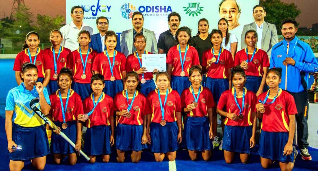 Players of KIIT-KISS team pose their bronze medals at the 1st HAO Hockey Association of Odisha Sub-Junior Women Hockey Championships in Bhubaneswar on 12 November 2022.