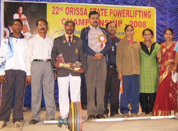 Seven international medal winning lifters of Orissa are felicitated by Revenue Divisional Commissioner (South) Satyabrata Sahu at the 22nd State Powerlifting Championship in Bhubaneswar on Dec 7, 2008.