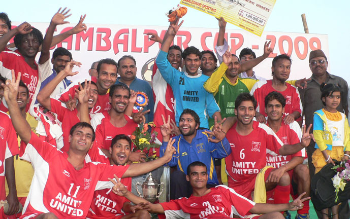 Amity United team lifts the trophy after winning the All-India Sambalpur Cup Invitation Football Tournament in Sambalpur on Jan 14, 2009.