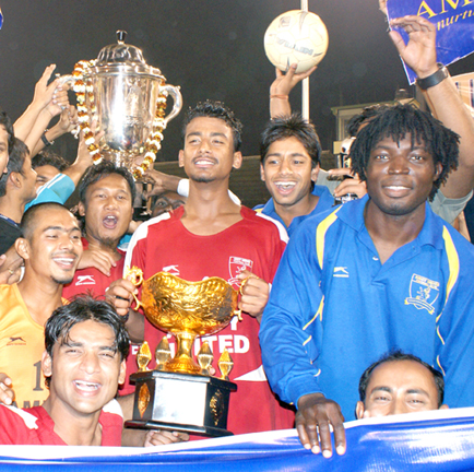 Amity United players celebrate after winning the All-India Kalinga Cup Football Tournament at Barabati Stadium in Cuttack on Feb 11, 2009.