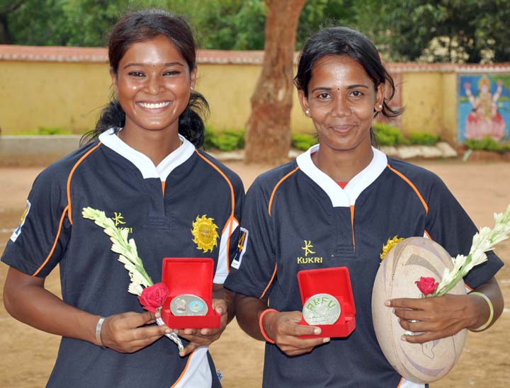 Orissa`s first two woman international rugby players Sangita Minz (left) and Jasobanti Behera in Bhubaneswar on <b>June 4, 2009.