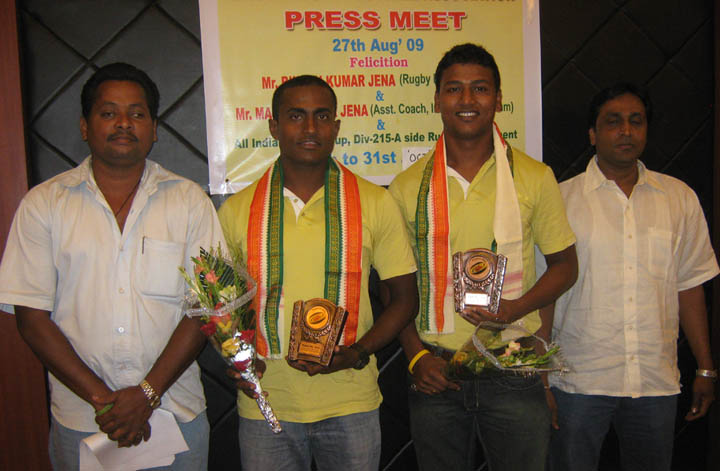 Orissa rugby officials felicitate <b>Bikash Jena </b>and <b>Manas Jena </b>in Bhubaneswar on <b>August 27, 2009.