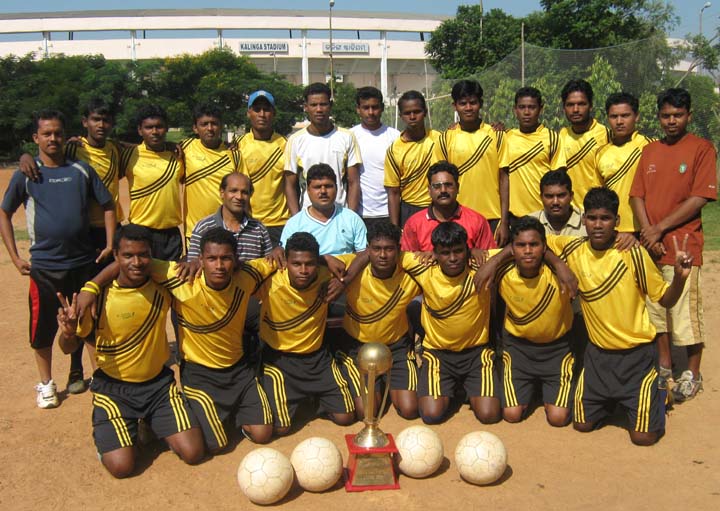Players and officials of Bhubaneswar Football League champions <b>Club-73 </b>in Bhubaneswar on <b>Oct 12, 2009.