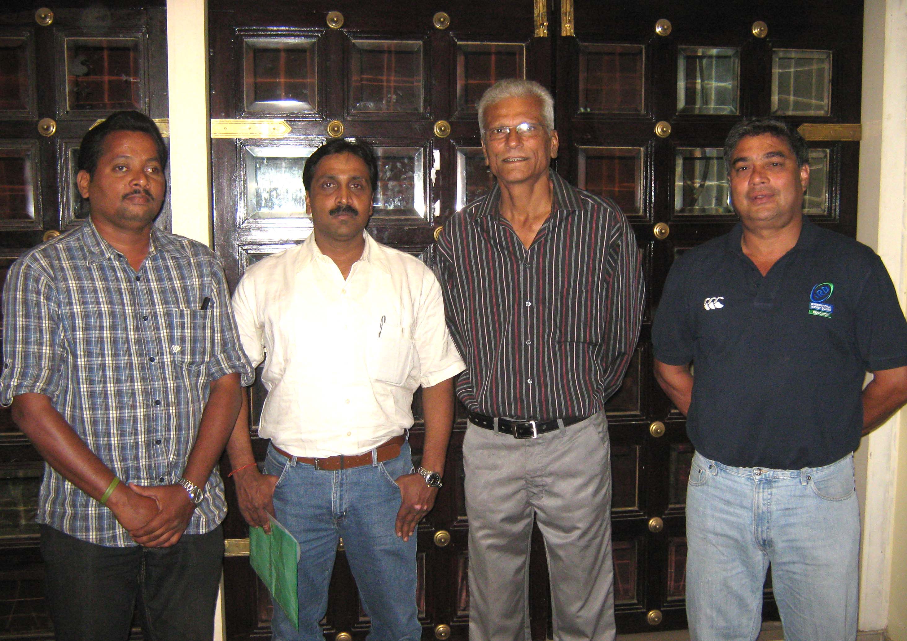 (Left to right) ORFA general secretary U K Mohanty, president Priyadarshi Mishra, IRFU development manager Nandu Chandavakar and IRB development officer Tony McLuskie at a media conference in Bhubaneswar on <b>Oct 22, 2009.
