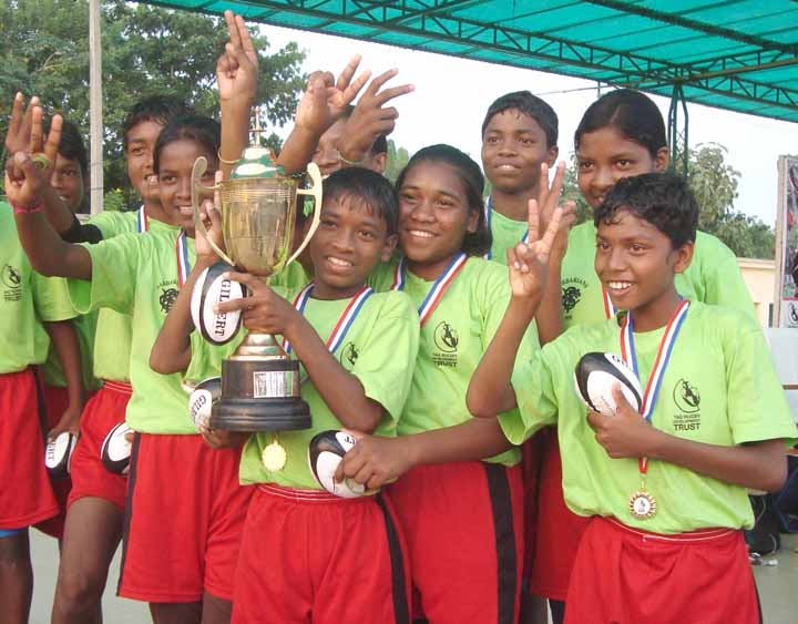 Boys of KISS ‘B’ lift the trophy at the Tag Rugby Tournament in Bhubaneswar on <b>Oct 30, 2009.