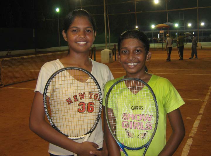 Abhilipsa Rath (Left) and Komal Vishakha after winning the under-16 girls double title at the AITA Talent Series Tennis Tournament in Bhubaneswar on <b>Nov 11, 2009.