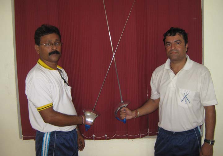 Coaches Santosh Pandey (Right) and Pintu Nag at the Utkal Karate School fencing training centre in Bhubaneswar on <b>Nov 15, 2009.