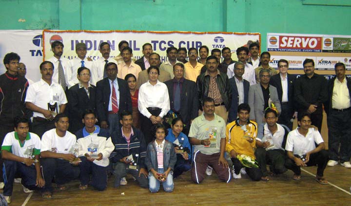 Prize winners, guests and officials of the Indian Oil-TCS Cup All-Orissa Open Badminton Tournament in Bhubaneswar on <b>Dec 13, 2009.