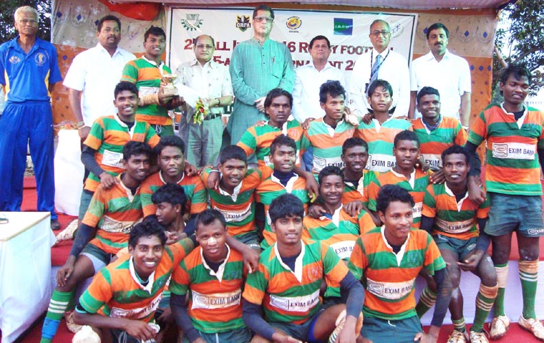 Players of KISS pose with their runners-up trophy at the All-India Under-16 Rugby tournament in Bhubaneswar on April 30, 2010.