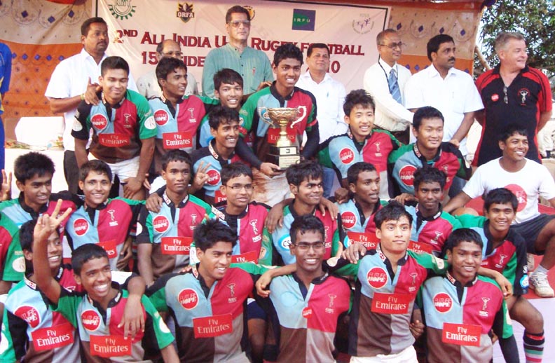 Players of Future Hope celebrate after winning the All-India Under-16 Rugby tournament in Bhubaneswar on April 30, 2010.