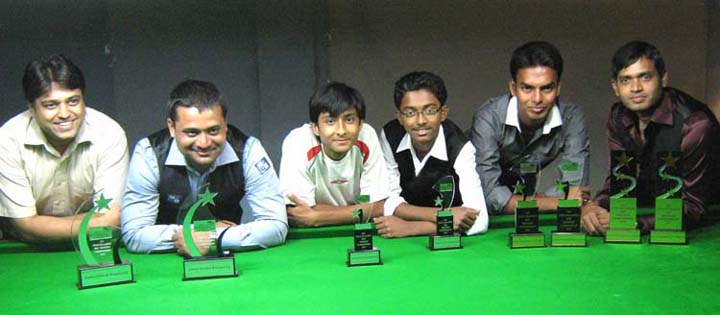 Subrat Das (First from right) and other trophy winners of the State Billiards andSnooker Championship in Bhubaneswar on July 12, 2010.