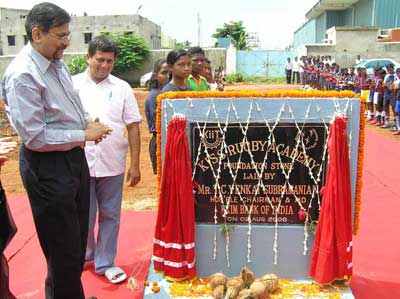 Exim Bank CMD Subramanian lays the foundation of the rugby ground at the KISS School in Bhubaneswar on August 2, 2008.