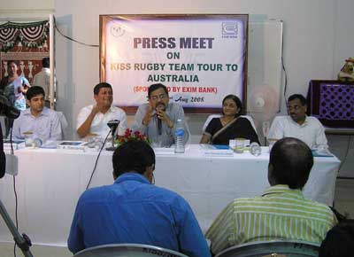 Officials of Exim Bank and KISS school at the press conference in Bhubaneswar on August 2, 2008 to brief on the school rugby team``s tour to Australia.