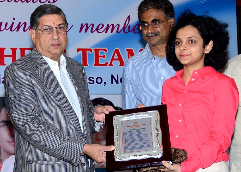 BCCI strongman and India Cements Ltd Managing Director N Srinivasan felicitates Olympiad gold medallist WGM Padmini Rout at Chennai on Sept 4, 2014.