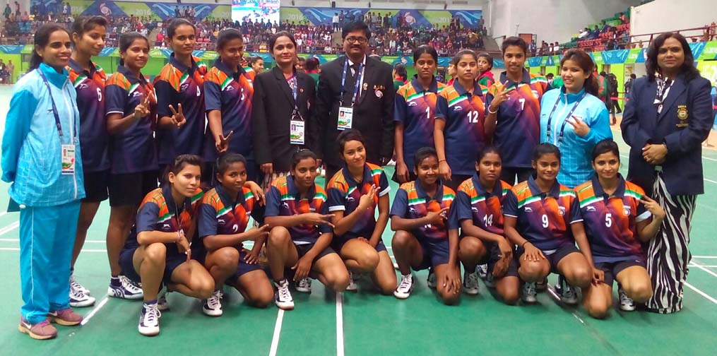 Indian women kho-kho team, that included one player and one official from Odisha, pose after winning gold medal in South Asian Games at Guwahati on Feb 9, 2016.