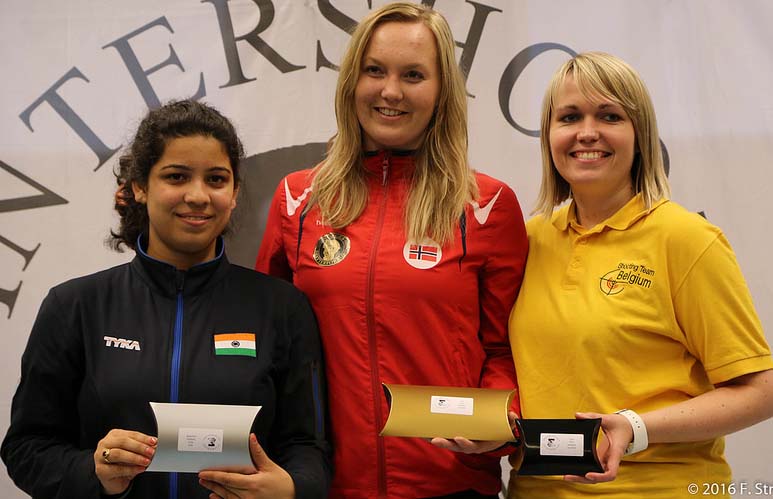 Odia girl Shriyanka Sadangi (Left) with her silver medal in Intershoot 2016 international shooting competition, held at the Hague, Netherlands on Feb 7, 2016.