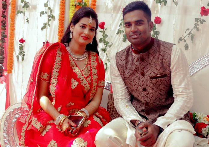 Odisha cricketer Biplab Samantray with his fiancee Prachi Sahu at their engagement ceremony in Bhubaneswar on March 10, 2017.