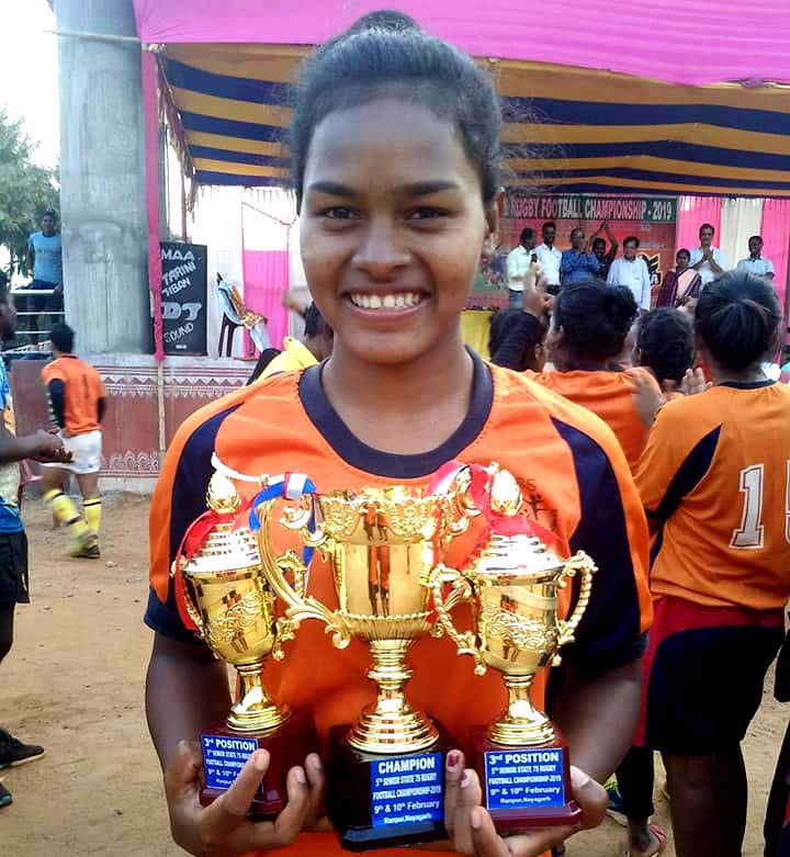 File photo Odisha woman rugby player Meerarani Hembram with trophies