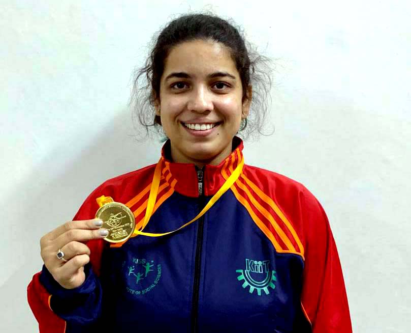 KIIT University MBA student Shriyanka Sadangi poses with her gold medal at the All India Inter-University Shooting Championship in New Delhi on 15 Nov 2019.