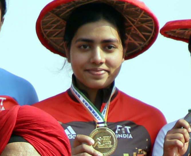 Odisha cyclist Swasti Singh shows her gold medal she won at the 3rd Khelo India Youth Games in Guwahati, Assam on 14 January, 2020.