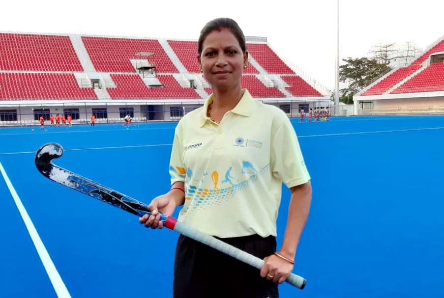 Undated file picture of the first qualified woman hockey coach of Odisha, Florencia Ekka at Kalinga Hockey Stadium, Bhubaneswar.