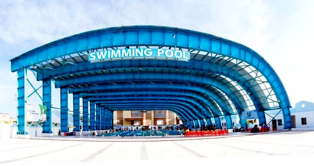 A view of the upgraded Biju Patnaik Swimming Pool Complex in Kalinga Stadium, Bhubaneshwar on 25 September 2021.